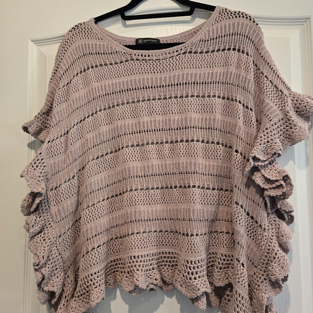 INC International Concepts Mauve Open-Knit Ruffle Sleeve Poncho